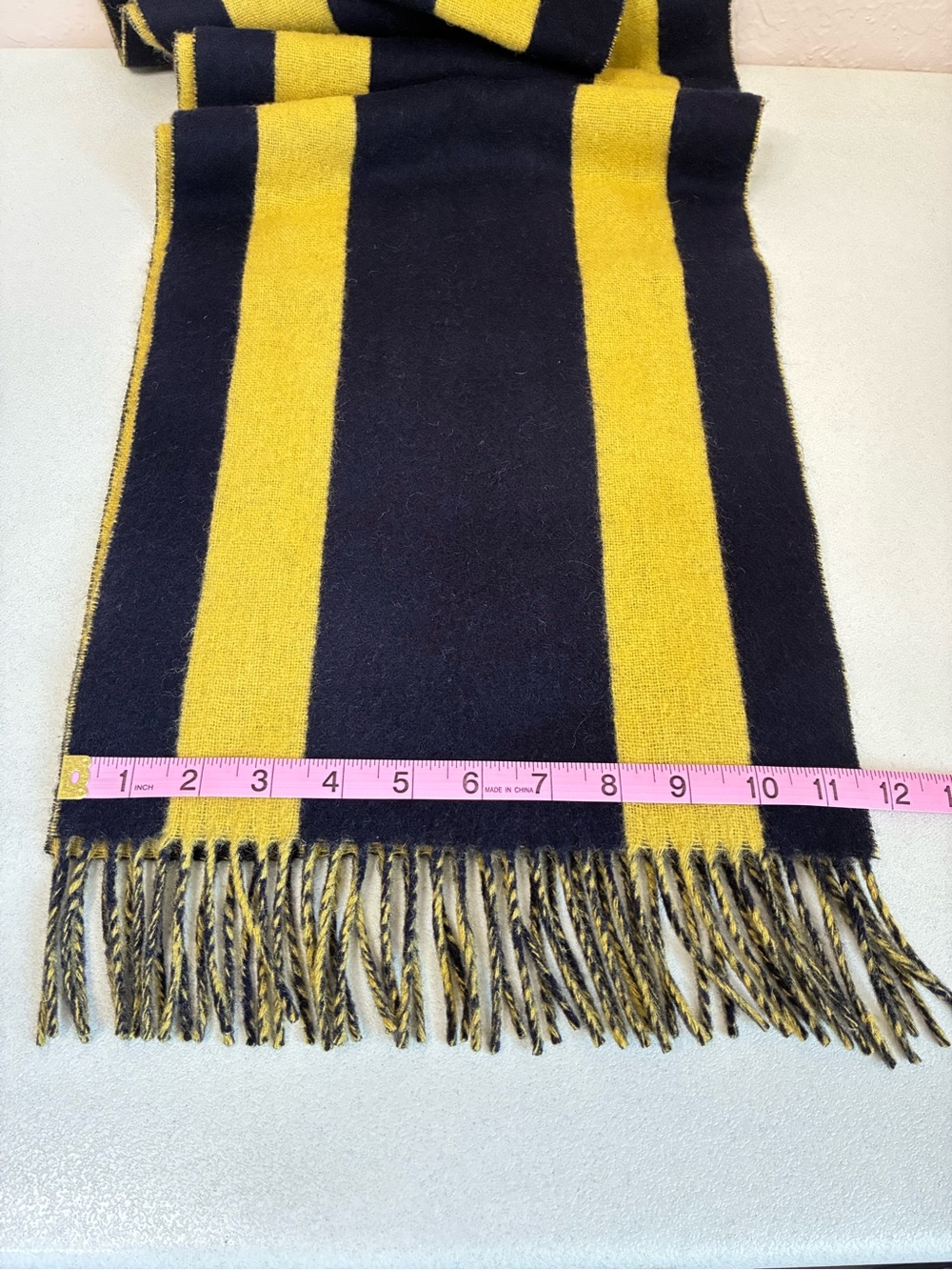 Nautica 100% Lambswool Scarf Navy Blue Yellow Striped Fringed 66” X 11.6 Inches - Picture 5 of 5